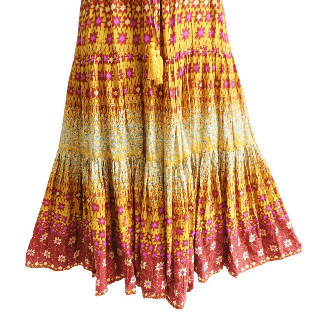 Free People Midi Dress Rare Feeling Goldenrod Combo Ruffled Pintuck Drawstring S - Picture 5 of 9